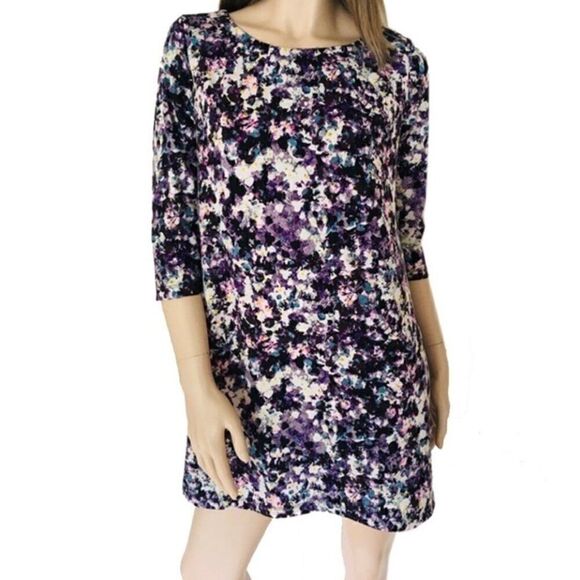 H&M Black Purple Splatter Floral Print Shift Dress Medium - Picture 1 of 12
